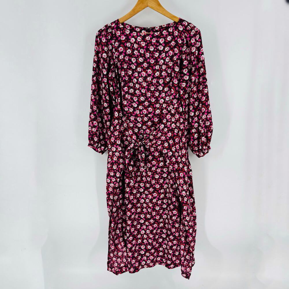 CLEARANCE Ann Taylor Floral Midi Dress Size 2 Burgundy Pink Long Sleeve Belted